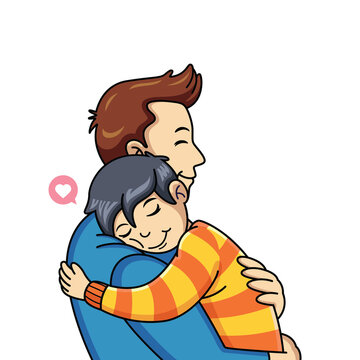 Child cartoon hugs his father with love