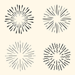 Set of Vintage Sunburst Explosions. Handdrawn Design Graphic Element Fireworks Black Rays Vector