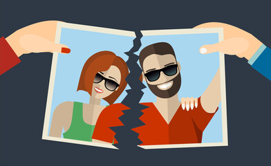Break up. Crisis relationship divorce. Man and woman tore up a group photo as symbol conflict, unhappy love. Vector illustration flat design. Parting couple.