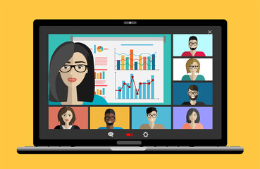 Conference video call. Online communication. Working from home. Remote project management, online education, online lessons, quarantine, communication with friends, colleagues. Vector illustration.