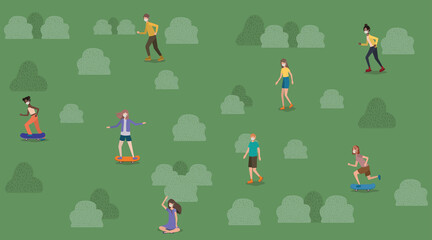 People with masks and skateboards at park with shrubs design of medical care and covid 19 virus theme Vector illustration