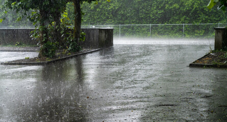 heavy summer rain beating down on a black tar road and parking lot