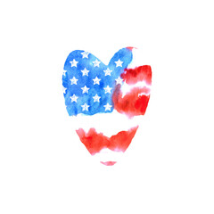 Watercolor American heart. Illustration for design postcards, USA holidays posters.