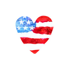 USA flag in the shape of a heart. Watercolor illustration for American holidays.