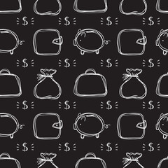 Financial, Business and Wealth Symbols Icons Seamless Pattern. Vector Background with Hand drawn Doodle Briefcase, Wallet, Money Bag, Piggy with Dollar Symbols.
