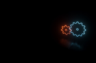 Neon Glowing Setting Options Gears Icon - Symbol Over the Reflective Floor and Glowing in Dark Background, 3d Rendering