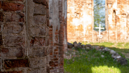 Fototapeta na wymiar The Ruins of Veckalsnava Church. Olds Architecture Details of the Lutheran Church in the Kalsnava Parish Latvia. Sunny Spring Day.