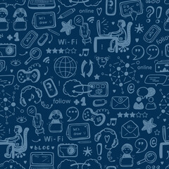 Fototapeta na wymiar Internet of Things Background. Hand drawn Doodle Cloud Computing Technology and Social Media Icons Vector Seamless pattern 