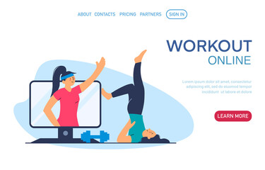 Women character practicing yoga and fitness, healthy lifestyle, online workout at home. Online on  laptop workout concept. Vector flat illustration for landingpage, banner, web site