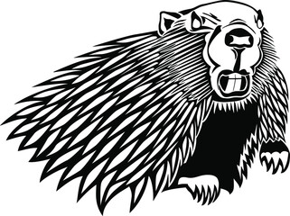 Vector illustration of a fierce beaver in black and white. Stylized team mascot. Angry beaver showing teeth. © Sandra