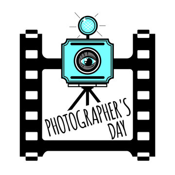 Photographer's day. Composition of photographic film and retro camera. Vector illustration isolated on a white background.