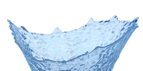 Realistic water splash in light blue colors. Crown with drops and spray from the object falling into the liquid. Isolated on white background. 3D illustration