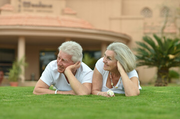 Portrait of happy senior couple posing on grass