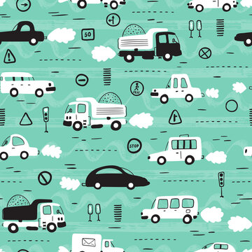 Cartoon Transportation Background for Kids. Vector Seamless Pattern with doodle Toy Cars and Traffic signs
