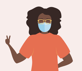 Black and Beautiful Woman of Color Wearing Face Mask, Black Woman Character Cartoon, Human Being, Person Vector Illustration Background