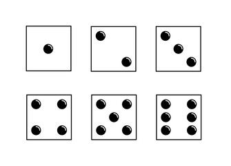 Dice icons set. Traditional die with six faces of cube marked with different numbers of dots or pips from 1 to 6.