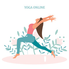 Yoga online with girl in asana doing physical exercises and watching online classes on Phone display, flat web vector illustration. Online yoga with instructor at home web banners set.


