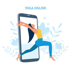 Yoga online with girl in asana doing physical exercises and watching online classes on Phone display, flat web vector illustration. Online yoga with instructor at home web banners set.

