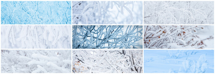 Collection of winter panoramic backgrounds with trees and bushes covered with hoarfrost. Snow and rime ice on the branches. Cold snowy weather. Hoar frost on plants. Set of cool frosting textures.