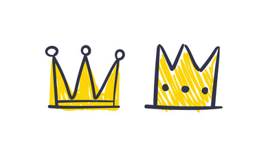 Set of hand drawn doodles crowns. Vector illustrations. Queen and King symbols.