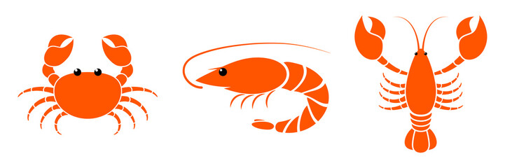 Seafood cartoon set. Sea animals collection crab, shrimp and lobster. Vector illustration isolated on white