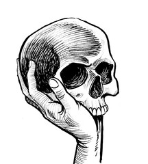 Hand holding skull. Ink black and white drawing - obrazy, fototapety, plakaty