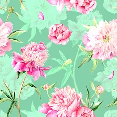 Foto op Canvas Zomer tuin bloemen pioenrozen aquarel naadloos patroon. Mooie handgetekende textuur © Anna
