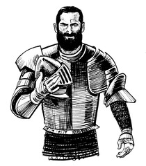 Medieval knight in armor. Ink black and white sketch