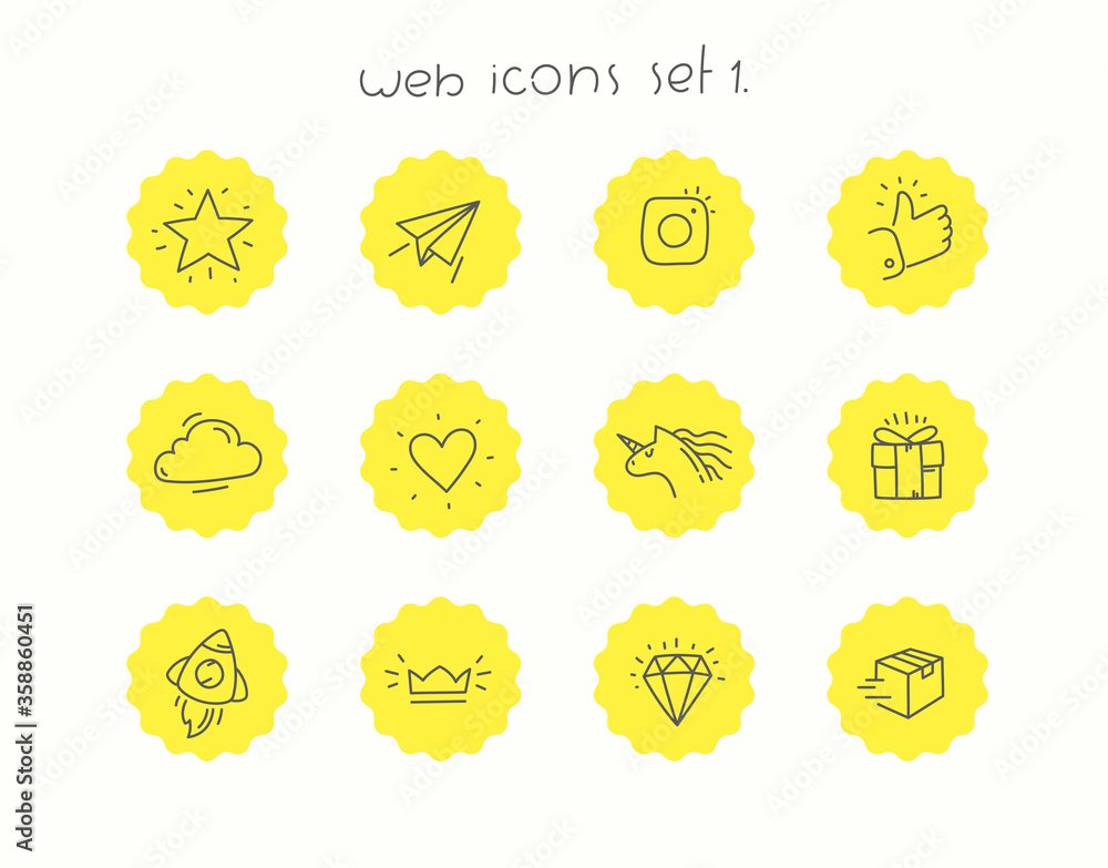 Poster doodle vector icons set isolated on white. web icons set 1