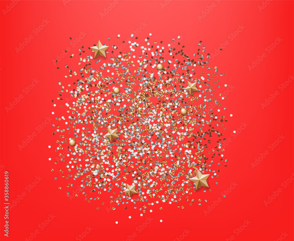 Poster different golden and silver christmas elements and confetti on red background
