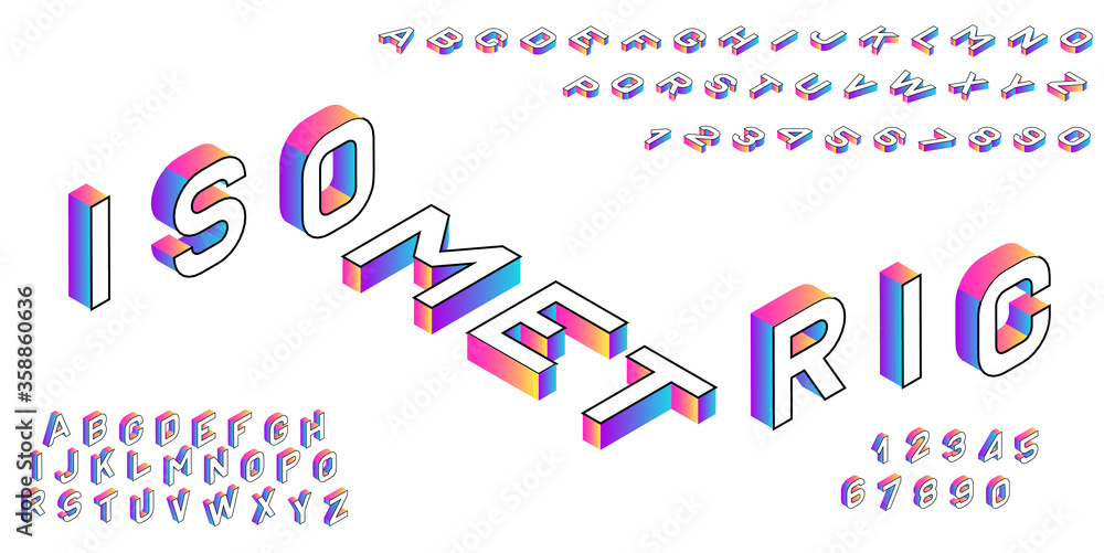 Fototapete isometric font. creative colored geometric alphabet. 3d gradient letters numbers sign vector set.