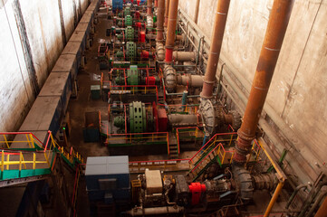 Pumping installations in the workshop. Pump shop. Pumps in the sludge workshop.