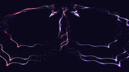 Beautiful purple abstract magical energy electric cosmic fiery shiny glowing lightning, lines, stripes with sparks on a blue background. Vector illustration