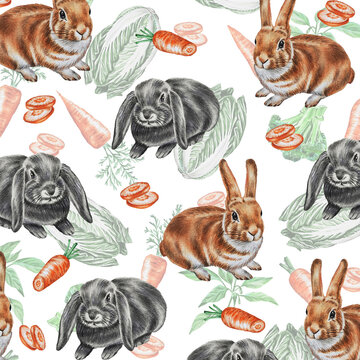 Seamless pattern with cute rabbits on a background of cabbage and carrots. Idea for the design of prints, textiles and much more. 