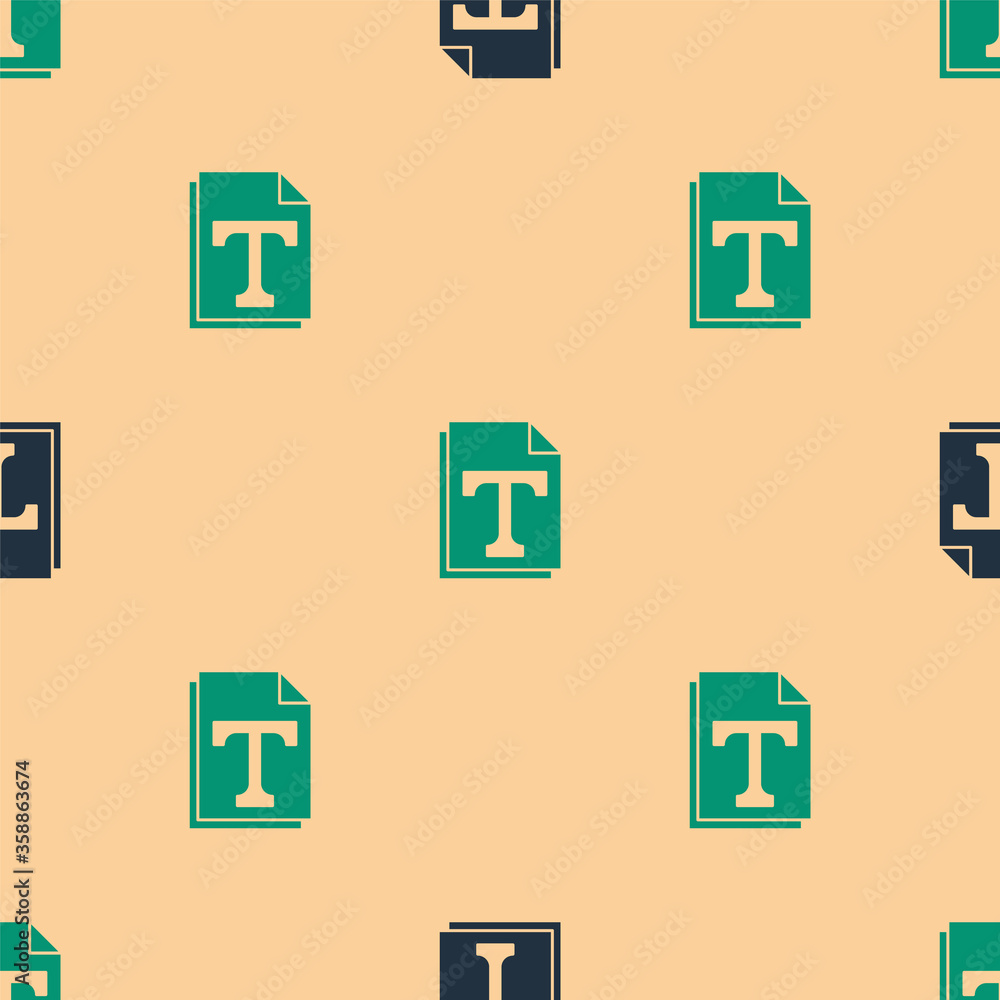 Poster green and black text file document icon isolated seamless pattern on beige background. vector illust
