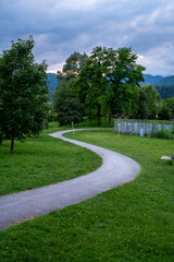 Curved road forming a esse with green grass around it