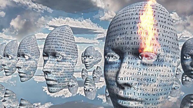 Surreal masks with text hovers in sky