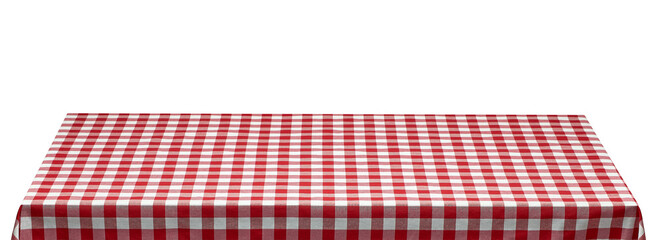 Empty table with red and white checkered or chequered tablecloth from top view isolated on white background. Including clipping path.