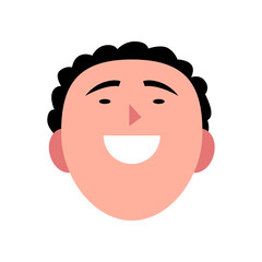 Vector illustration of young smiling man. Portrait of handsome cheerful male face. Avatar, profile, ID picture of a young person. Human head illustration with curly hairstyle