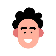 Vector illustration of young smiling man. Portrait of handsome cheerful male face. Avatar, profile, ID picture of a young person. Human head illustration with curly hairstyle