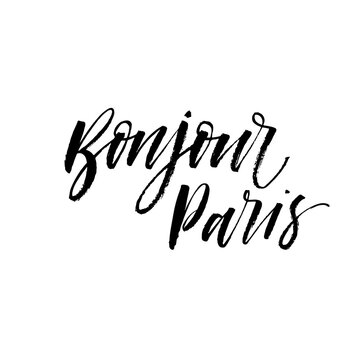 Bonjour Paris card. Hand drawn brush style modern calligraphy. Vector illustration of handwritten lettering. 