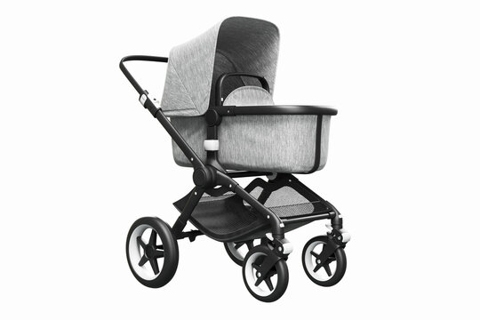 3D render of a stylish modern stroller with bassinet on a white background