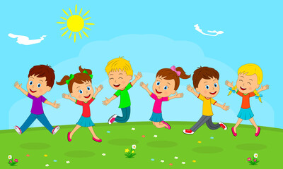 kids,boys and girls play on a summer background, illustration, vector