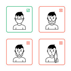 Fototapeta premium The right and wrong way to wear a face mask. Black and white icons. In green and red frames.
