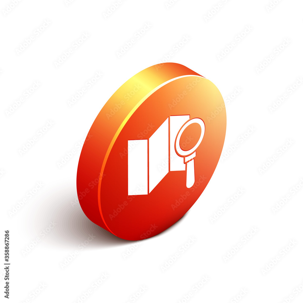 Poster isometric search location icon isolated on white background. magnifying glass with pointer sign. ora