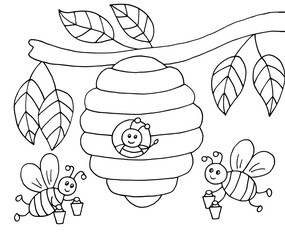 Hand-drawn cartoon bees and a beehive on a tree, coloring page