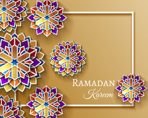 Ramadan Kareem celebrate greeting card or illustration with paper cutting style with bright colored arabic islamic geometric art. Islamic decoration. Vector illustration. EPS 10
