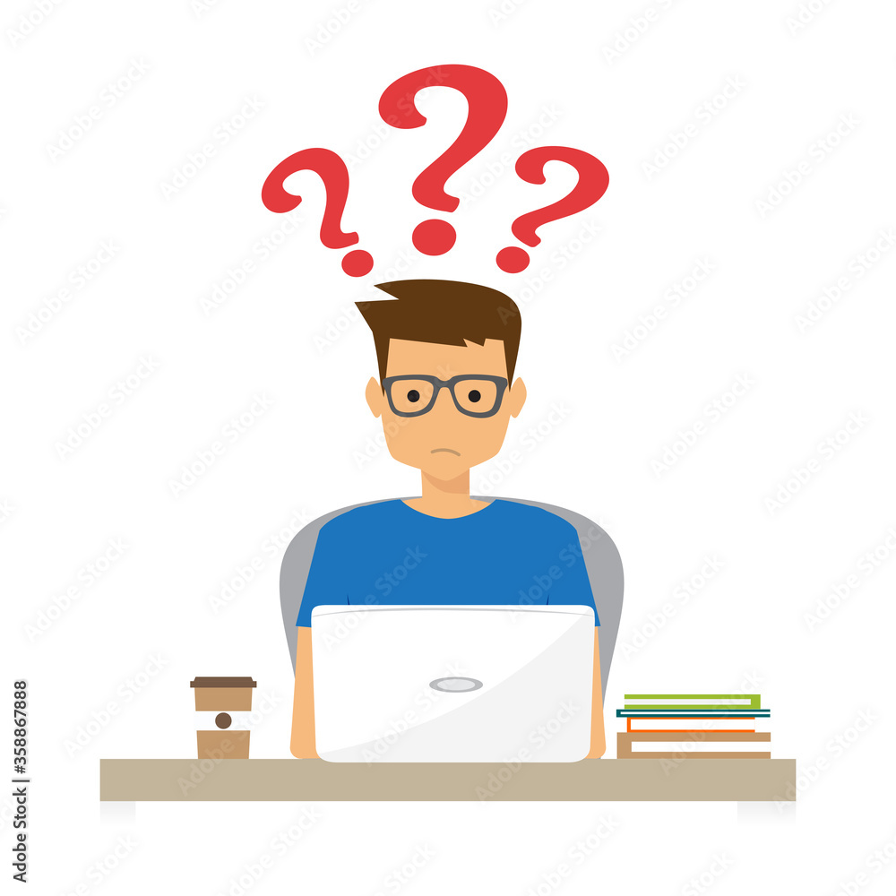 Poster man and question marks, concept of problems at work, questions in study. vector illustration