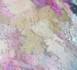 Expressive embossed paint on canvas, created using palette knife technique of oil painting. Primary colors: purple, white,  pink, yellow, creamy and gray. Abstract art.                               