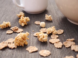 Cereals and nuts n the brown background